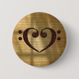 Double Bass Clef Heart Vintage Gold Sheet Music 6 Cm Round Badge