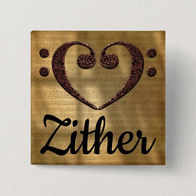 Double Bass Clef Heart Zither 15 Cm Square Badge (Front)