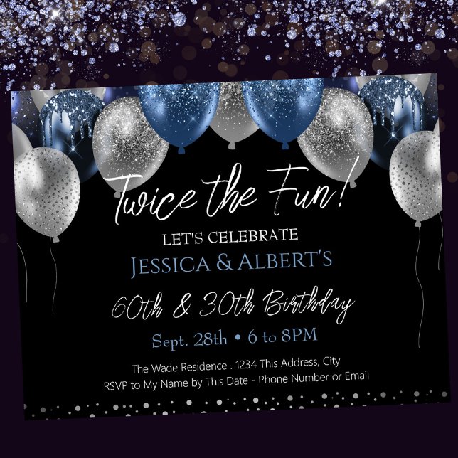 Double Birthday Blue and Silver Balloon Invitation (Creator Uploaded)