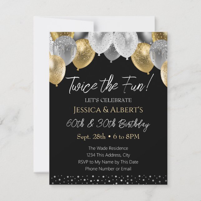 Double Birthday Gold and Silver Balloon Invitation (Front)