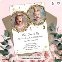 Double Birthday Gold Glitter Kids Photo Invitation