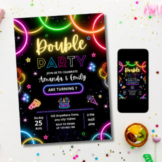 Double Birthday Invitation, Twin Neon Birthday  Invitation