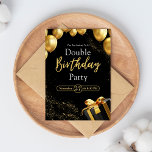 Double Birthday Party Black and Gold Elegant Invitation<br><div class="desc">Double the Joy with Our Gorgeous Joint Birthday Invitation! Featuring a chic black background with shiny, elegant balloons, presents, and sparkles, this invitation is perfect for a joint birthday celebration. The front displays "A Double Birthday Party" in a stunning combination of script and serif fonts, while the back continues the...</div>