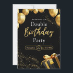 Double Birthday Party Black and Gold Elegant Invitation<br><div class="desc">Double the Joy with Our Gorgeous Joint Birthday Invitation! Featuring a chic black background with shiny, elegant balloons, presents, and sparkles, this invitation is perfect for a joint birthday celebration. The front displays "A Double Birthday Party" in a stunning combination of script and serif fonts, while the back continues the...</div>