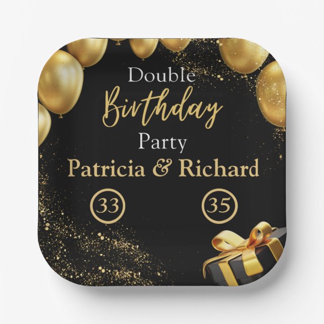 Double Birthday Party Black and Gold Elegant Paper Plate (Front)