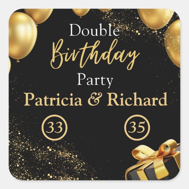 Double Birthday Party Black and Gold Elegant Square Sticker (Front)