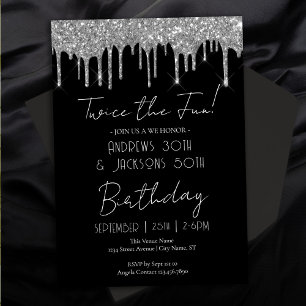 Double Birthday Party Elegant Silver Drips Invitation