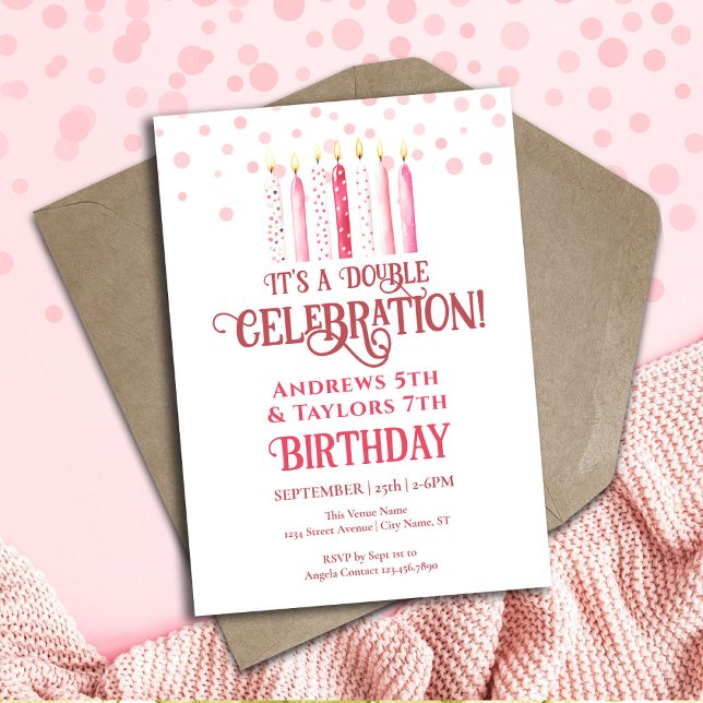 Double Birthday Party Kids Pink Candles Invitation (Creator Uploaded)