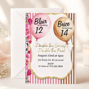 Double Birthday Party Sibling Joint Birthday Invitation