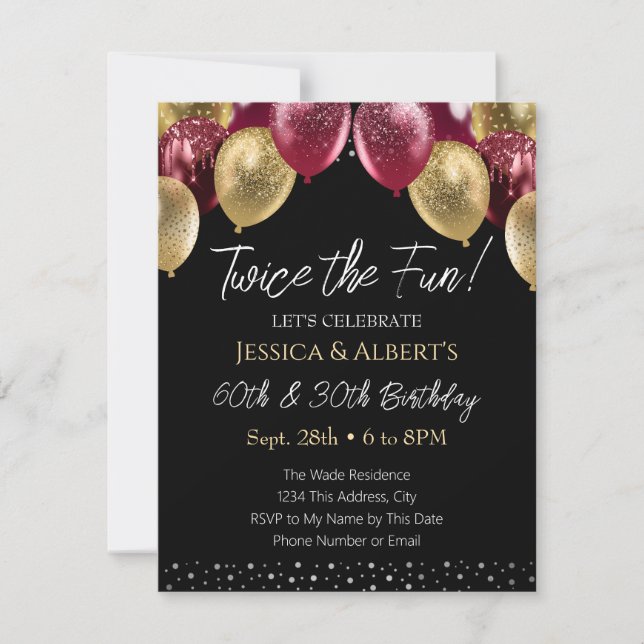Double Birthday Red and Gold Balloon Invitation (Front)