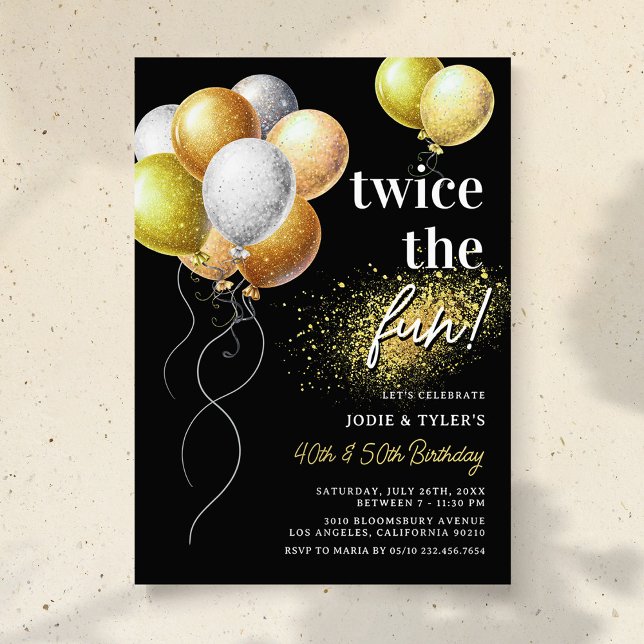 Double Black and Gold Balloon Joint Birthday Invitation (Creator Uploaded)