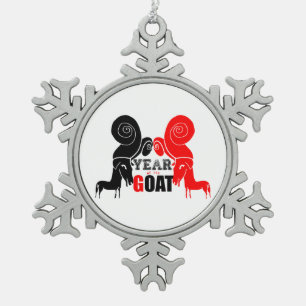 Double Black Red Ram Goat Chinese Year Zodiac O Snowflake Pewter Christmas Ornament