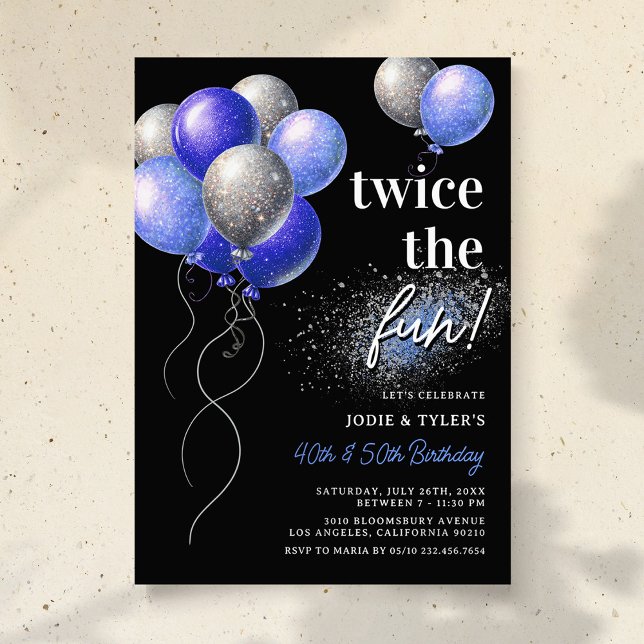 Double Blue and Silver Balloon Joint Birthday Invitation (Creator Uploaded)