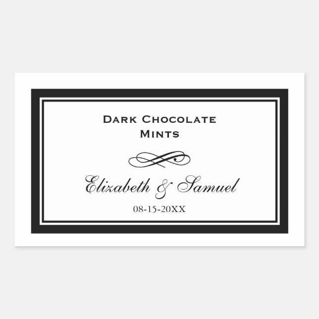 Double border black swirl wedding reception candy rectangular sticker (Front)