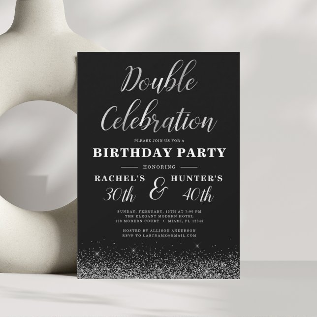 Double Celebration Black Silver Birthday Party Invitation (Creator Uploaded)
