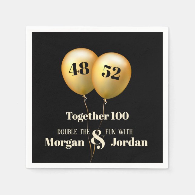 Double Celebration Joint Birthday Gold and Black Napkin (Front)