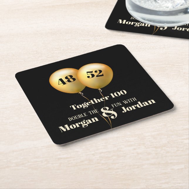 Double Celebration Joint Birthday Gold and Black Square Paper Coaster (Angled)