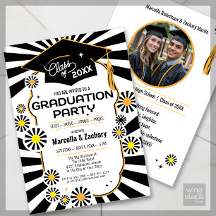 Double Celebration Photo Black White Daisy Grad Invitation