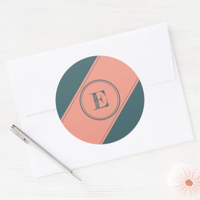 Double Circle Rectangle Teal Initial Letter Classic Round Sticker (Envelope)