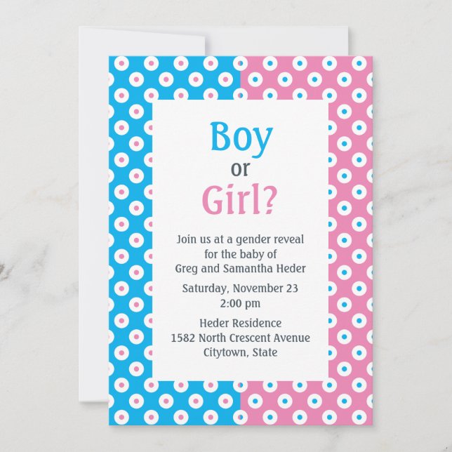 Double Colour Boy or Girl Polka-Dot Gender Reveal Invitation (Front)