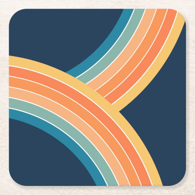 Double colourful retro style rainbow square paper coaster (Front)