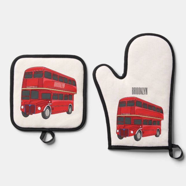 Double-decker bus cartoon illustration oven mitt & pot holder set (Front)