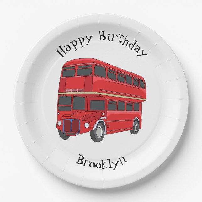 Double-decker bus cartoon illustration paper plate (Front)