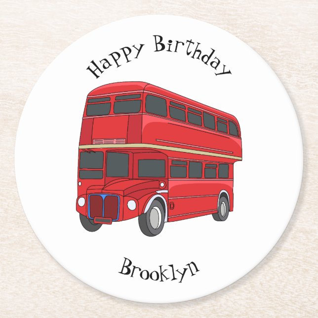 Double-decker bus cartoon illustration  round paper coaster (Front)