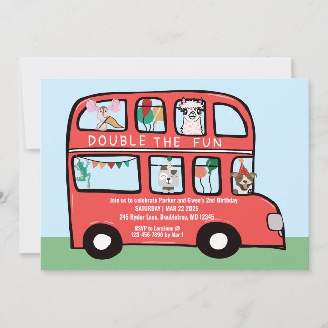 Double Decker Bus Combined Joint Birthday Party Invitation (Front)