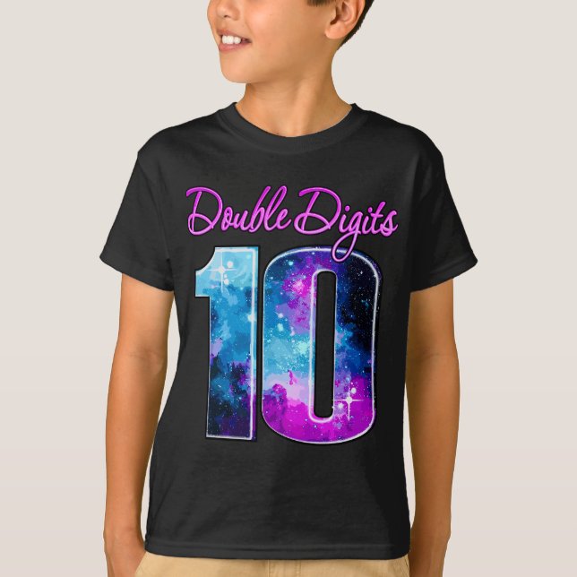 Double Digits 10 Years Old Galaxy Theme, Blue Pink T-Shirt (Front)