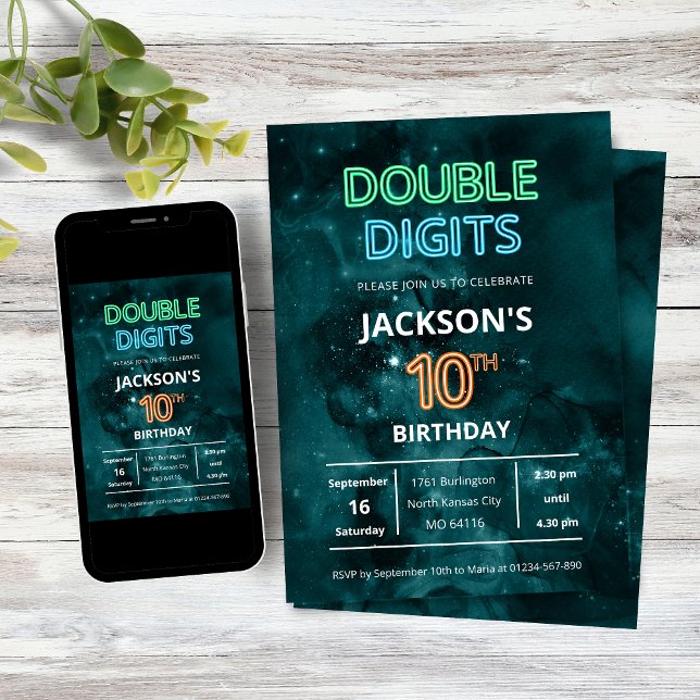 Double Digits Boys Neon Space 10th Birthday Invitation (Double Digits Neon Space Galaxy Boys 10th Birthday Party Invitation)