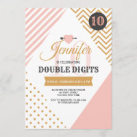 Double Digits Pink and Gold Party Invitation