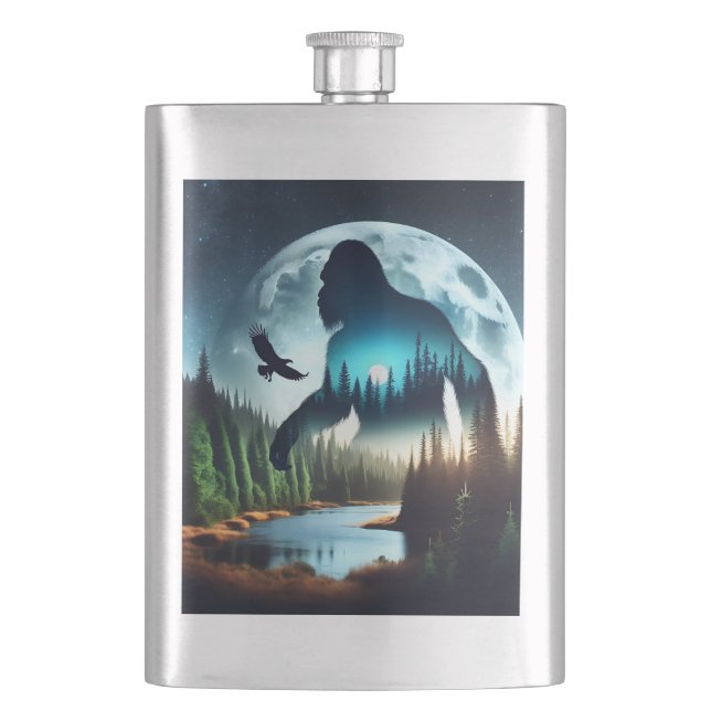 Double Exposure Bigfoot, Eagle and Full Moon Hip Flask (Front)