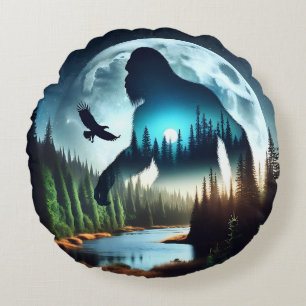 Double Exposure Bigfoot, Eagle and Full Moon Round Cushion