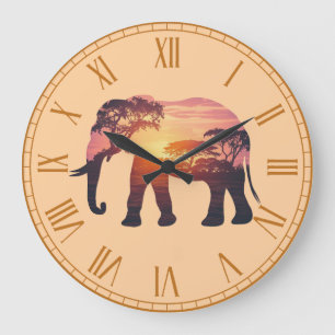 Double Exposure Elephant Silhouette Design – Savan Large Clock