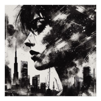 Double Exposure Girl and City Skyline, Black and W Photo Print