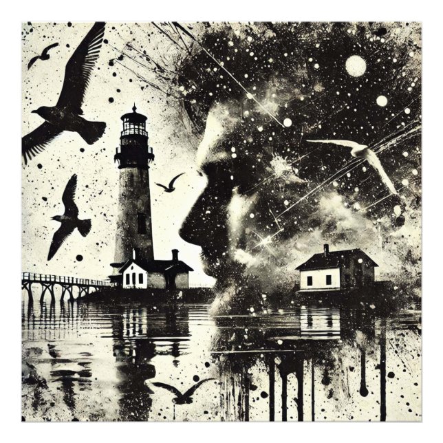 Double Exposure Man with Lighthouse and seagull Photo Print (Front)