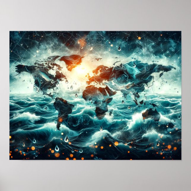 Double Exposure of World Map and Ocean Poster (Front)
