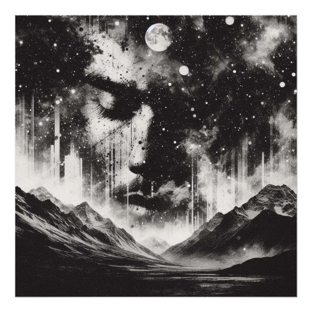 Double Exposure Portrait with Starry Sky Mountain Photo Print (Front)