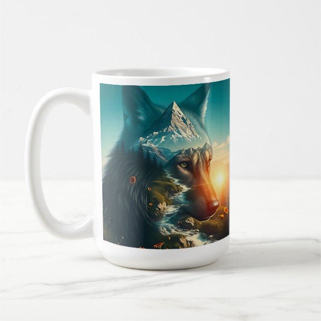 Double Exposure Wolf in Mountains Coffee Mug (Left)