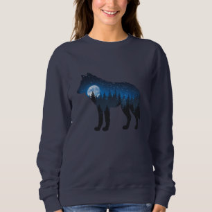 Double Exposure Wolf Silhouette Moonlit and Starry Sweatshirt