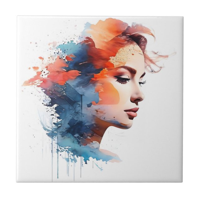 Double exposure woman art ceramic tile (Front)