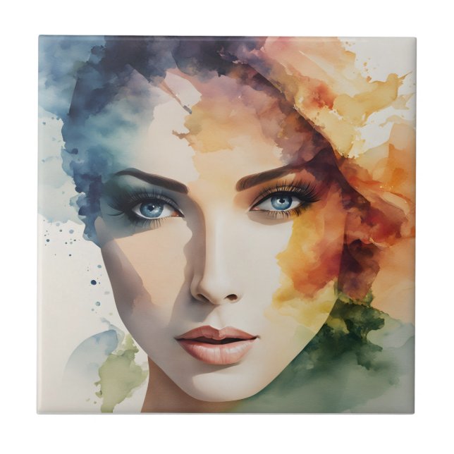Double exposure woman art ceramic tile (Front)