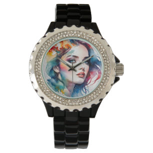 Double exposure woman art watch