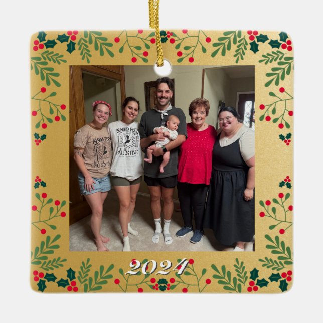 Double Family Christmas Photo Gold and Holly Frame Ceramic Ornament (Front)