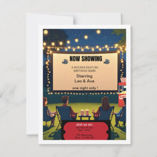 🎬 Double Feature Twin Birthday Invitation – Movie