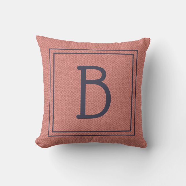 Double Framed Monogram Faux Textured Coral & Blue Cushion (Front)