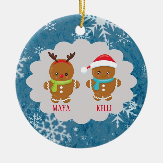 Double Gingerbread Cookie Christmas w Names Year Ceramic Ornament (Front)