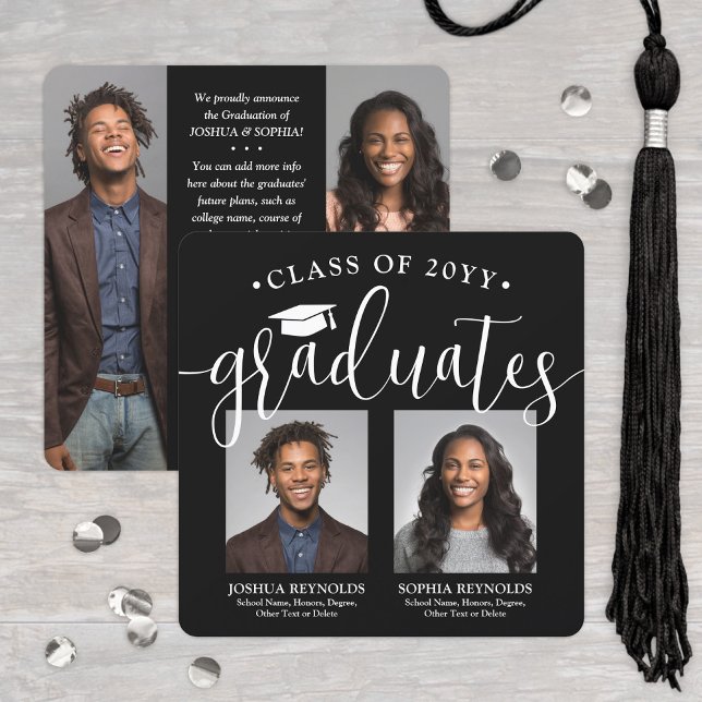 Double Graduation 2 Grads & 4 Photos Black & White Announcement (Creator Uploaded)