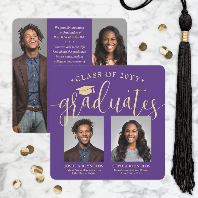 Double Graduation 2 Grads & 4 Photos Purple & Gold Announcement (Creator Uploaded)